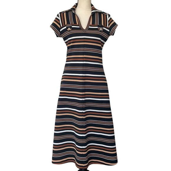 Vintage 60'-70's Brown Striped A-line Midi Twee Dress Size S / M V-Neck - Picture 1 of 10